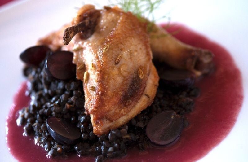 Spicy Chicken with Grape Gastrique and Lentils