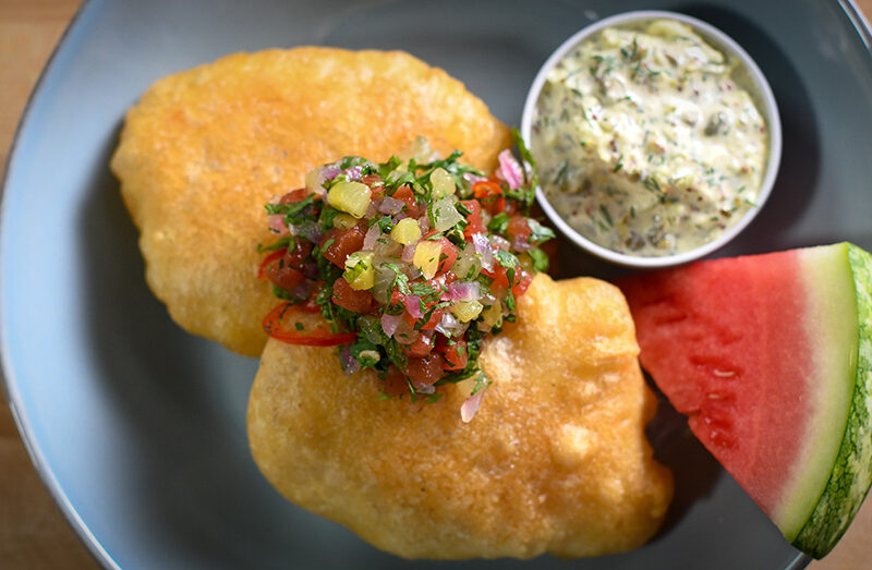 Fried Whitefish with Diced Watermelon Chutney and Watermelon Rind Tartar Sauce