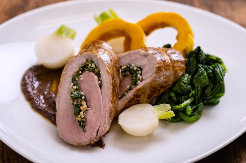 Veal Roulade with Tapenade Coulis, Squash and Turnips