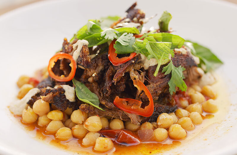 BBQ Pulled American Lamb Shoulder with Braised Chickpeas and Spiced Yogurt