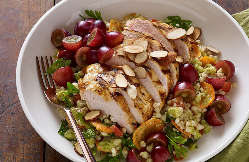 Moroccan Grape and Grilled Chicken Bowl with Preserved Lemon and Green Grape Vinaigrette