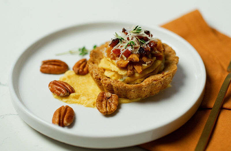 Squash Tart with Pecan Brittle and Candied Bacon