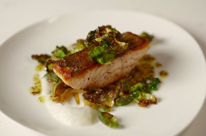 Seared Salmon with Crispy Brussels Sprouts and Creamy Sunchoke Puree