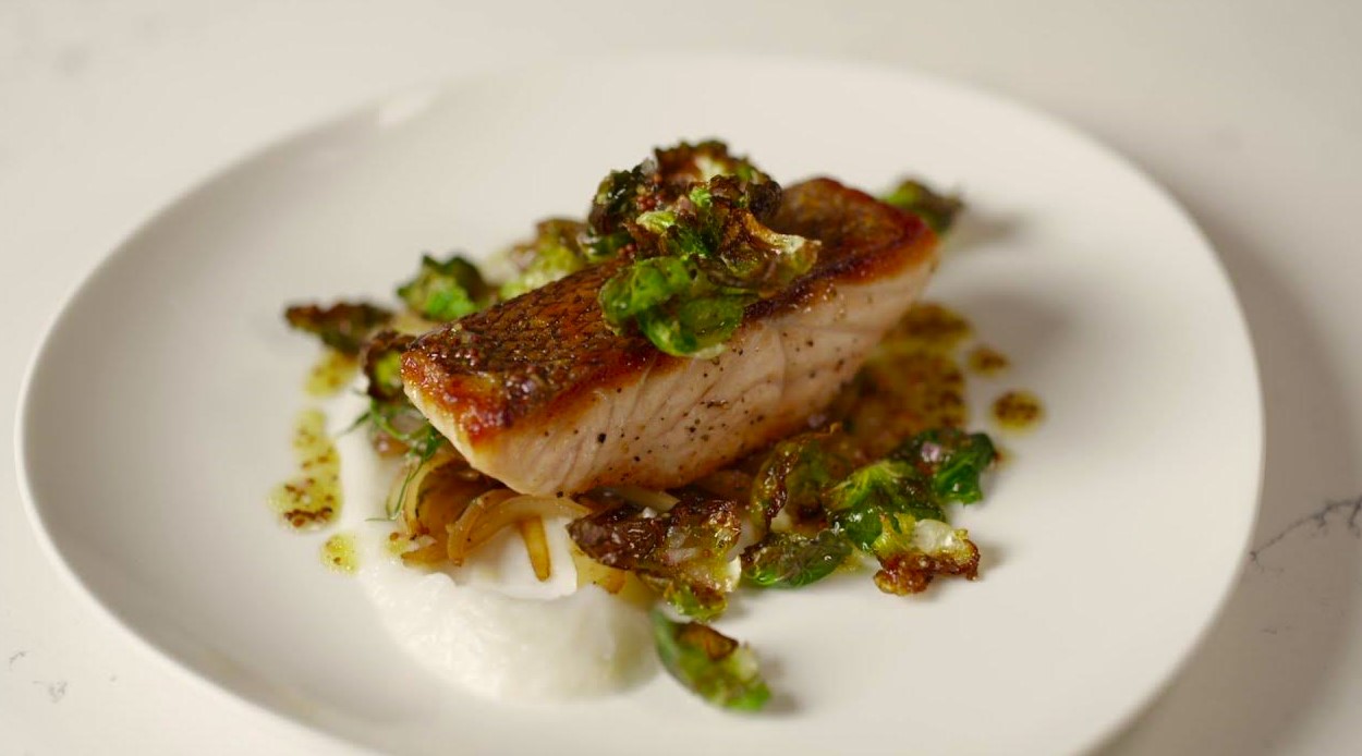 Seared Salmon with Crispy Brussels Sprouts and Creamy Sunchoke Puree