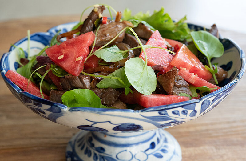 Shaking Beef with Wilted Watercress and Watermelon