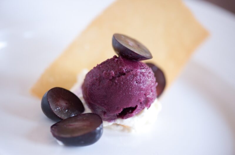 Black Grape Sorbet with Goat Cheese Mousse and Honey Tuile