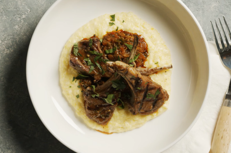 Grilled Lamb Chops with Watermelon Molasses, Sofrito and Polenta