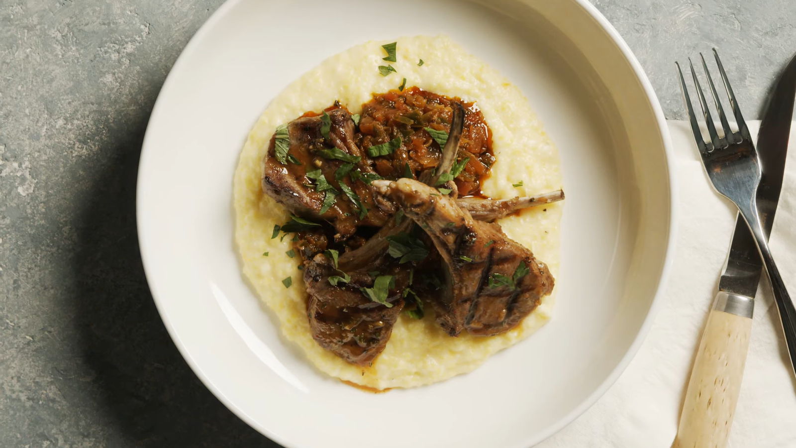 Grilled Lamb Chops with Watermelon Molasses, Sofrito and Polenta